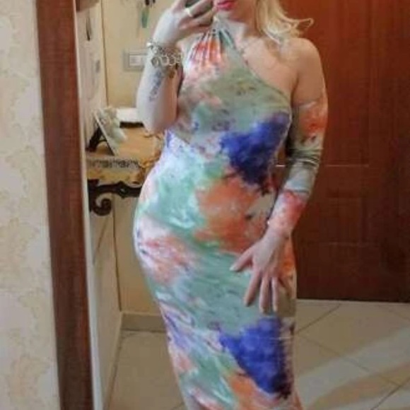 Multicoloured bodycon one shoulder sleeve dress - Picture 3 of 3